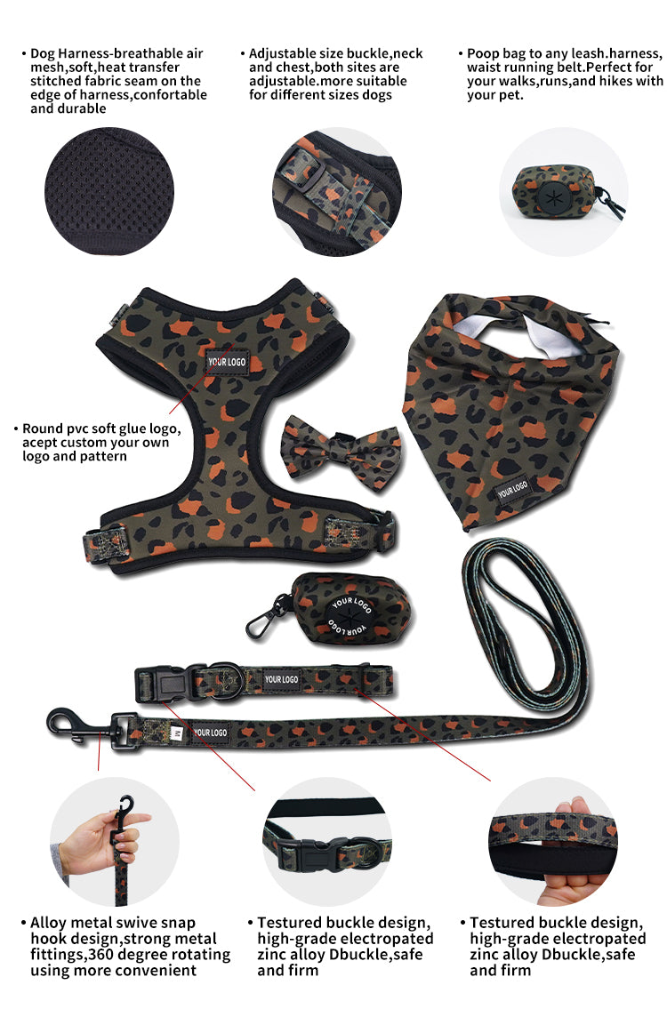 Custom Logo Adjustable Neoprene Pet Dog Harness and Leash Set