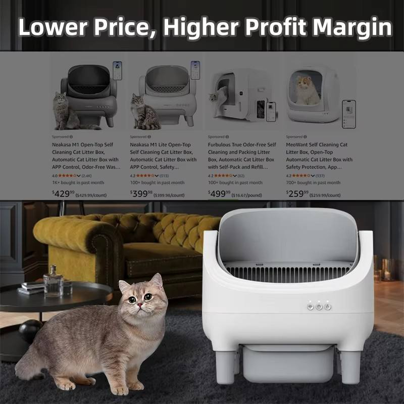 Smart App Control Open-top Automatic cat Litter Box Basin with Dual Safety Sensors Self Cleaning